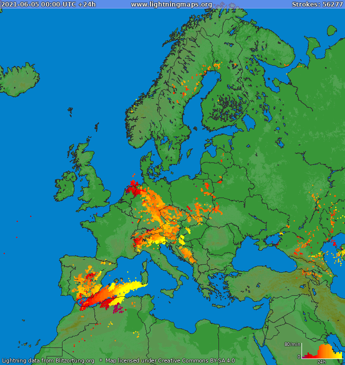 Lightning map Europe 2021-06-05