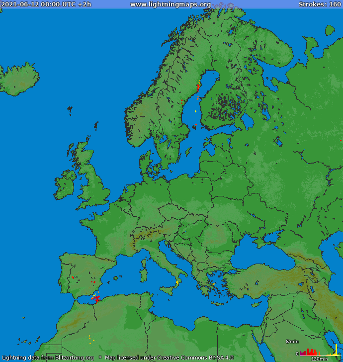 Mapa bleskov Európa 12.06.2021 (Animácia)