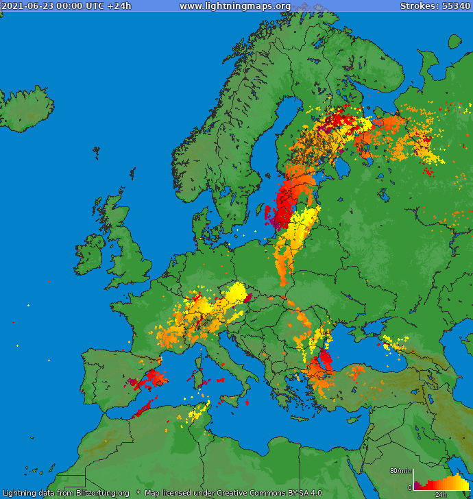 Lightning map Europe 2021-06-23