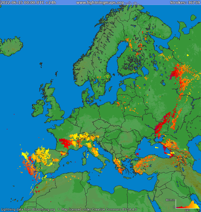 Mapa blesků Evropa 15.06.2022