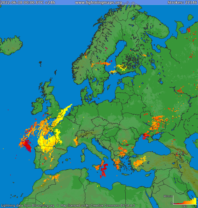 Lightning map Europe 2022-06-18
