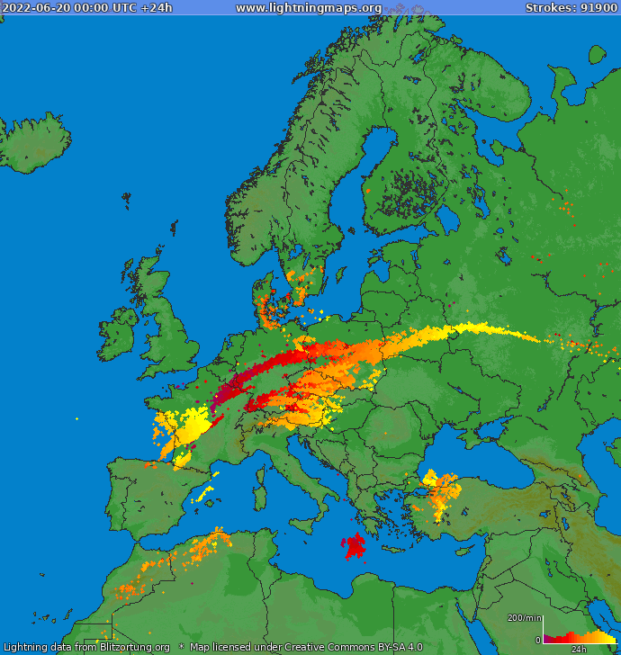 Lightning map Europe 2022-06-20