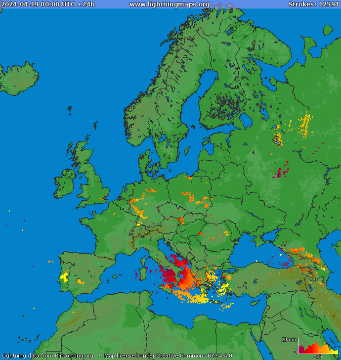Mapa blesků Evropa 19.04.2024