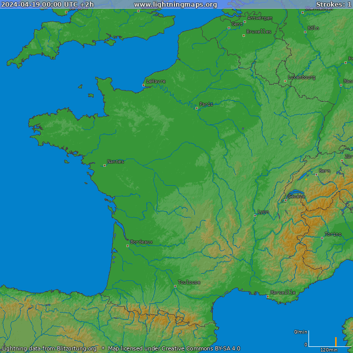 Mapa blesků Francie 19.04.2024 (Animace)