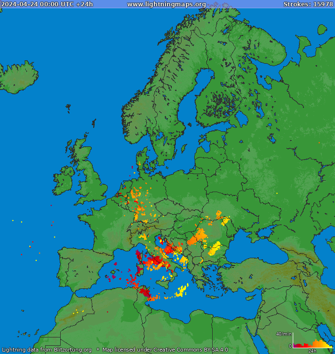 Lightning map Europe 2024-04-24