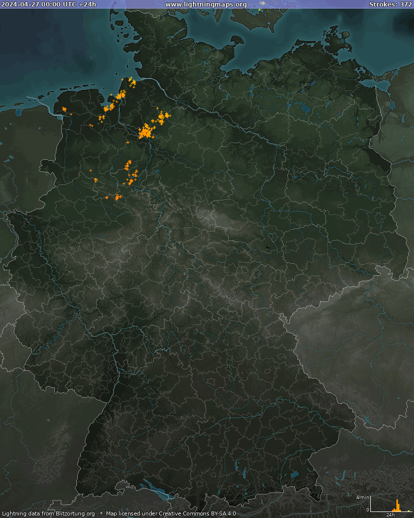 Mapa bleskov Nemecko 27.04.2024
