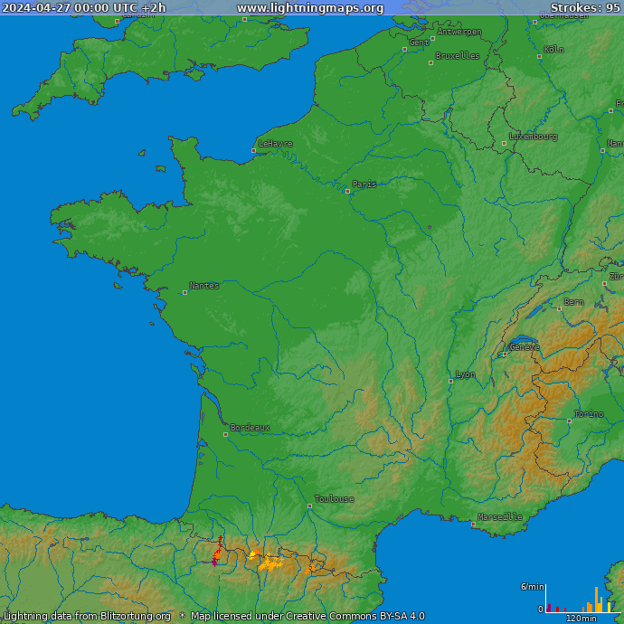 Mapa bleskov Francúzsko 27.04.2024 (Animácia)