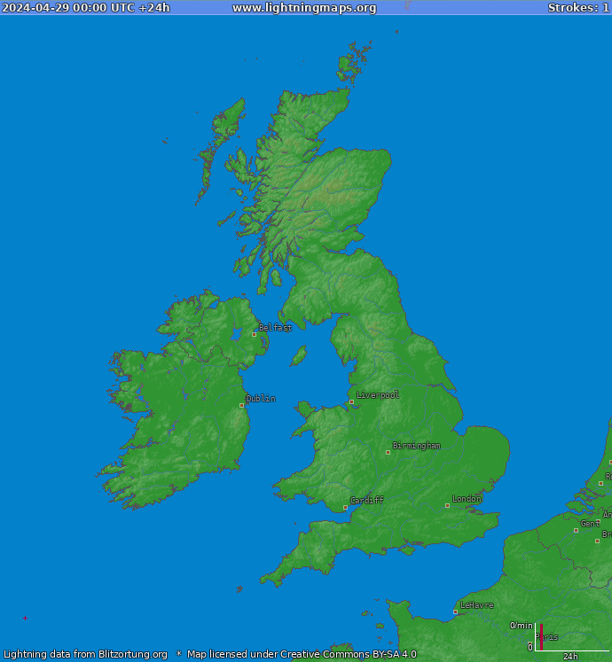 Mappa dei fulmini Inghilterra 29.04.2024