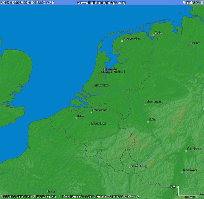 Mapa wyładowań Benelux 2024-04-29 (Animacja)