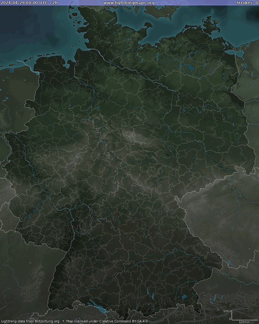 Mapa blesků Německo 29.04.2024 (Animace)