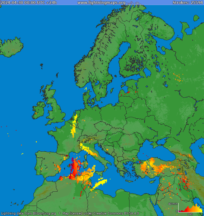 Mappa dei fulmini Europa 30.04.2024