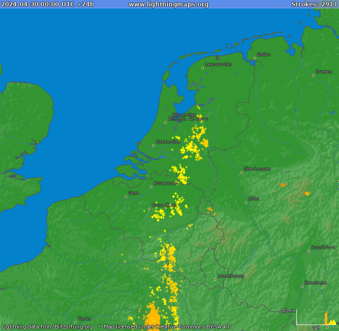 Mappa dei fulmini Benelux 30.04.2024