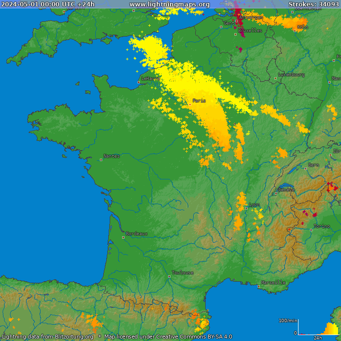 Bliksem kaart Frankrijk 01.05.2024
