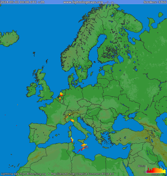 Carte de la foudre Europe 01/05/2024 (Animation)
