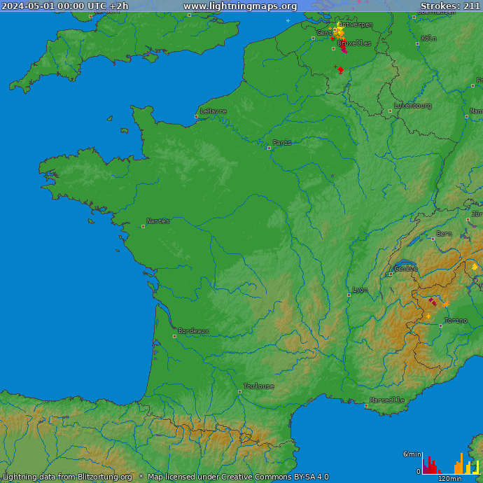 Mapa bleskov Francúzsko 01.05.2024 (Animácia)