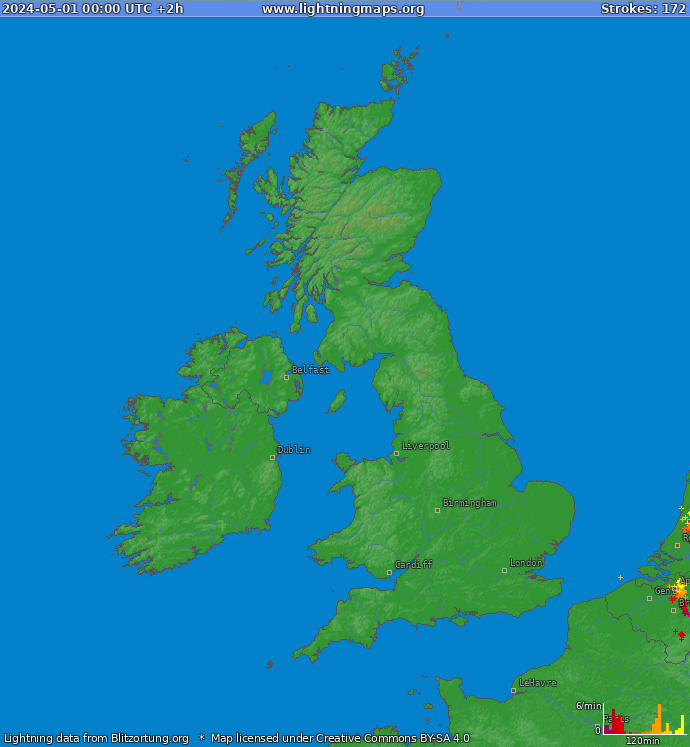 Mapa wyładowań Wielka Brytania 2024-05-01 (Animacja)