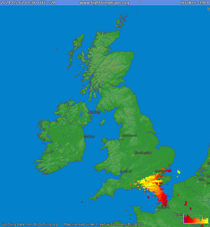 Mapa bleskov Veľká Británia 02.05.2024 (Animácia)