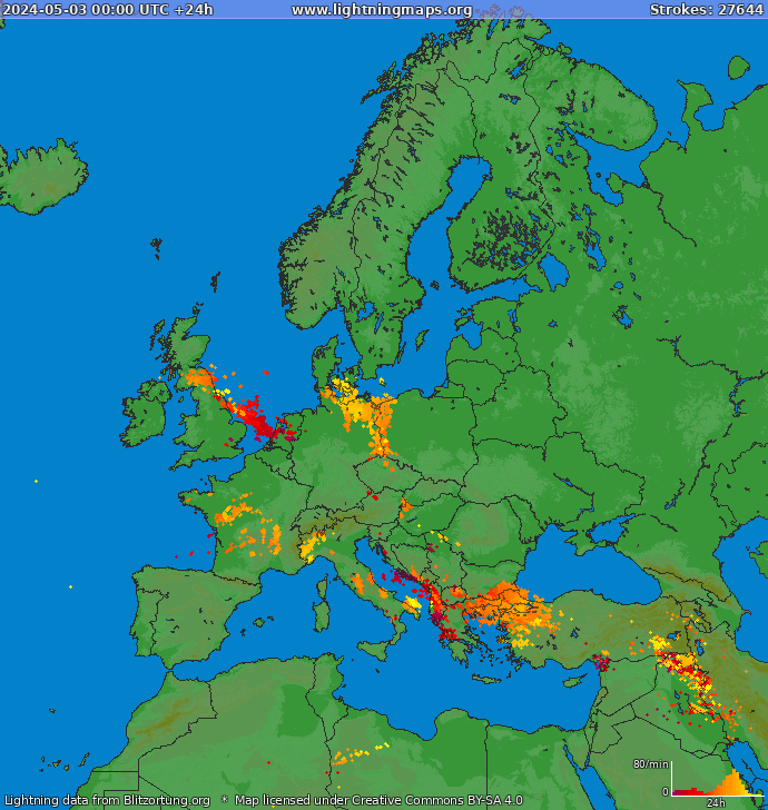 Mapa bleskov Európa 03.05.2024