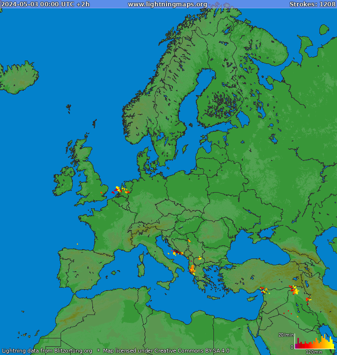 Mapa wyładowań Europa 2024-05-03 (Animacja)