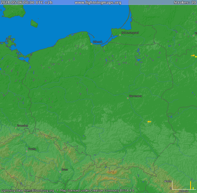 Mapa bleskov Poľsko 06.05.2024 (Animácia)