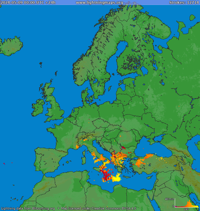 Mappa dei fulmini Europa 09.05.2024