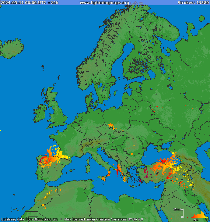 Mappa dei fulmini Europa 11.05.2024