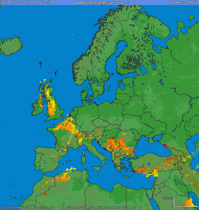 Mappa dei fulmini Europa 12.05.2024