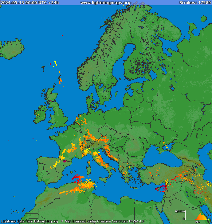 Mapa blesků Evropa 13.05.2024