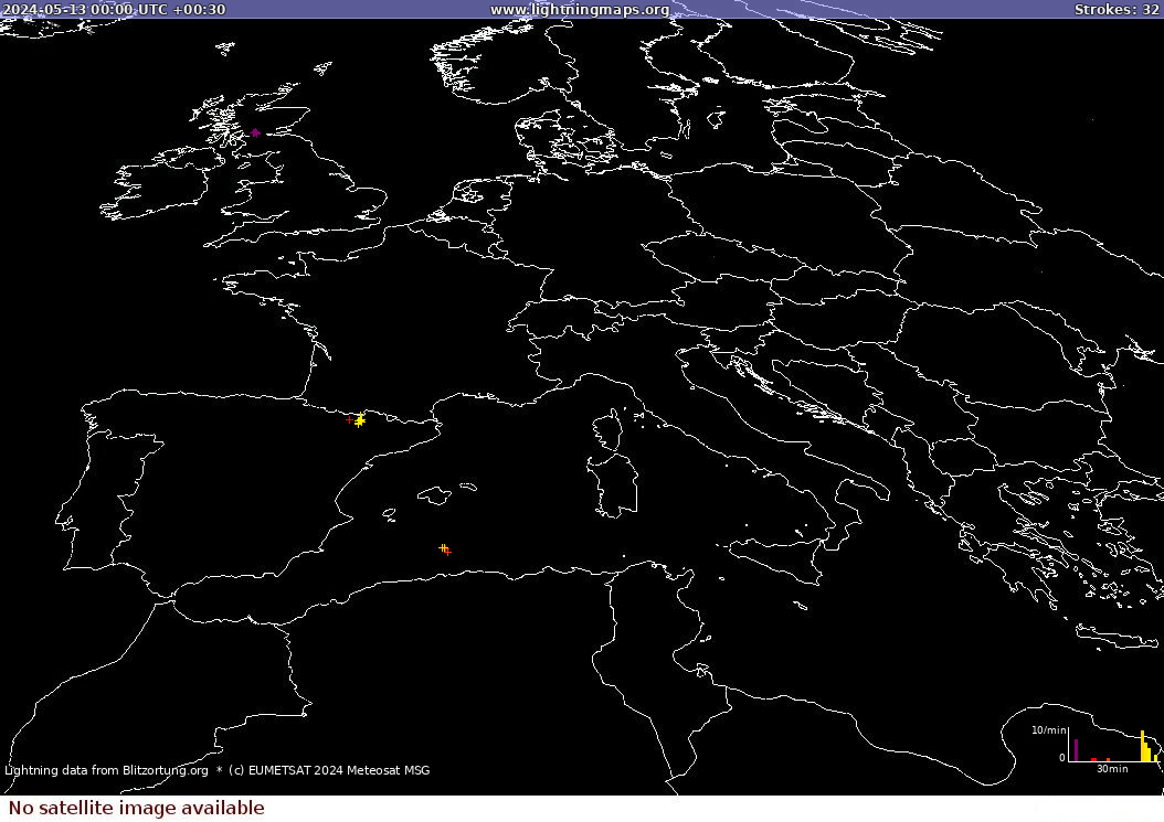 Lightning map Sat: Europe Clouds + Rain 2024-05-13 (Animation)