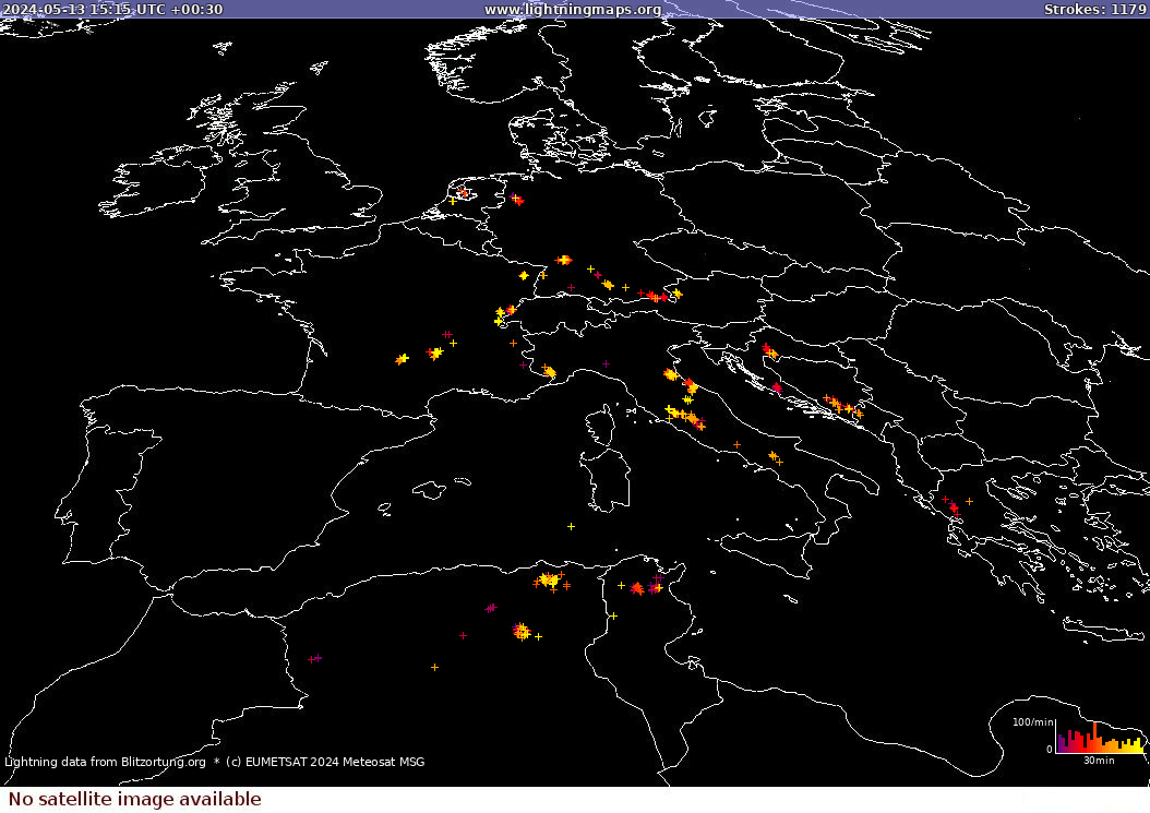 Bliksem kaart Sat: Europe Clouds + Rain 13.05.2024 (Animatie)