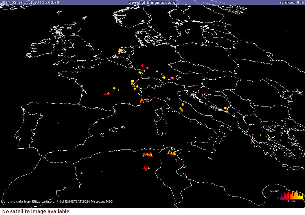 Lightning map Sat: Europe Clouds + Rain 2024-05-13 (Animation)