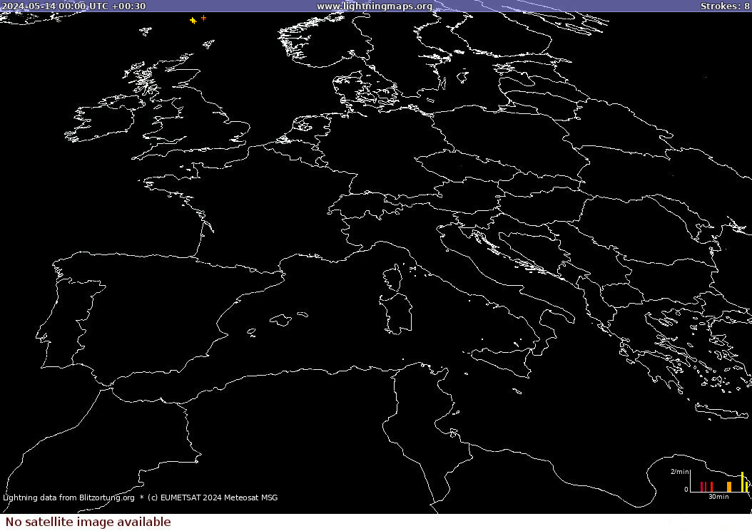 Lightning map Sat: Europe Clouds + Rain 2024-05-14 (Animation)