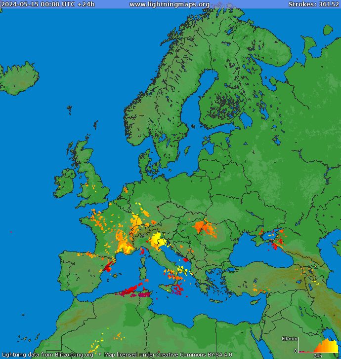 Mapa bleskov Európa 15.05.2024