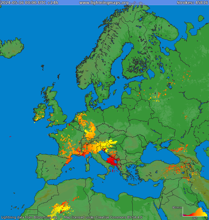 Mappa dei fulmini Europa 16.05.2024