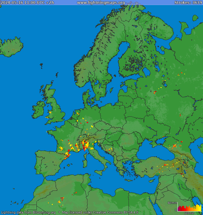 Mappa dei fulmini Europa 16.05.2024 (Animazione)