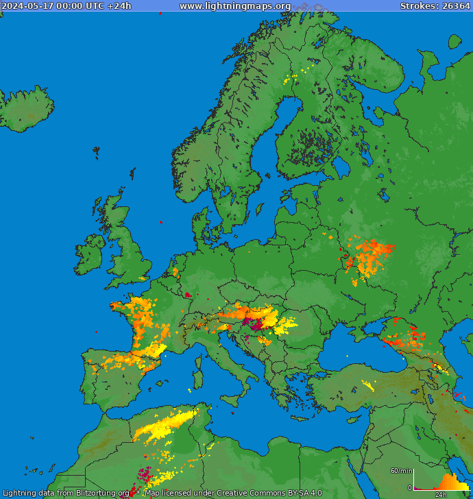 Mappa dei fulmini Europa 17.05.2024