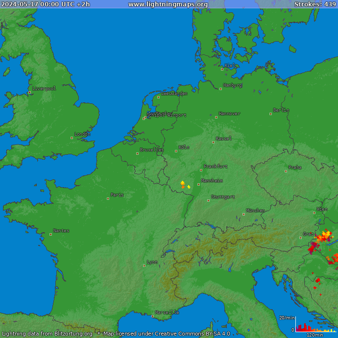 Mapa bleskov Západná Európa 17.05.2024 (Animácia)