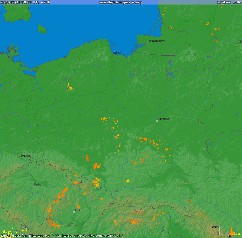 Lightning map Poland (Big) 2024-05-18