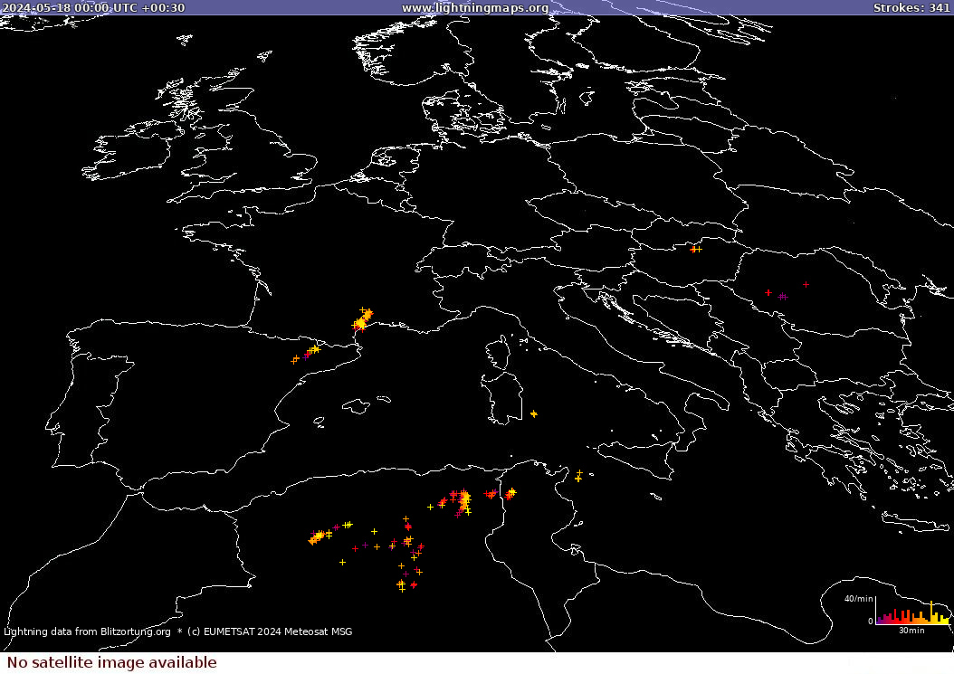 Mappa dei fulmini Sat: Europe Clouds + Rain 18.05.2024 (Animazione)