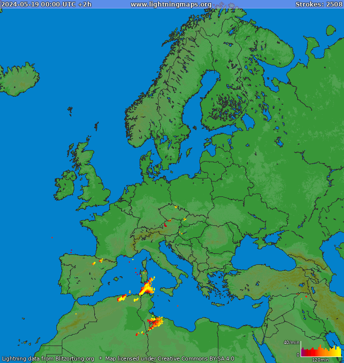 Mapa wyładowań Europa 2024-05-19 (Animacja)