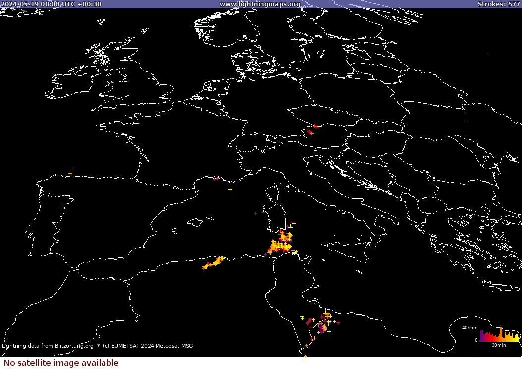 Mappa dei fulmini Sat: Europe Clouds + Rain 19.05.2024 (Animazione)
