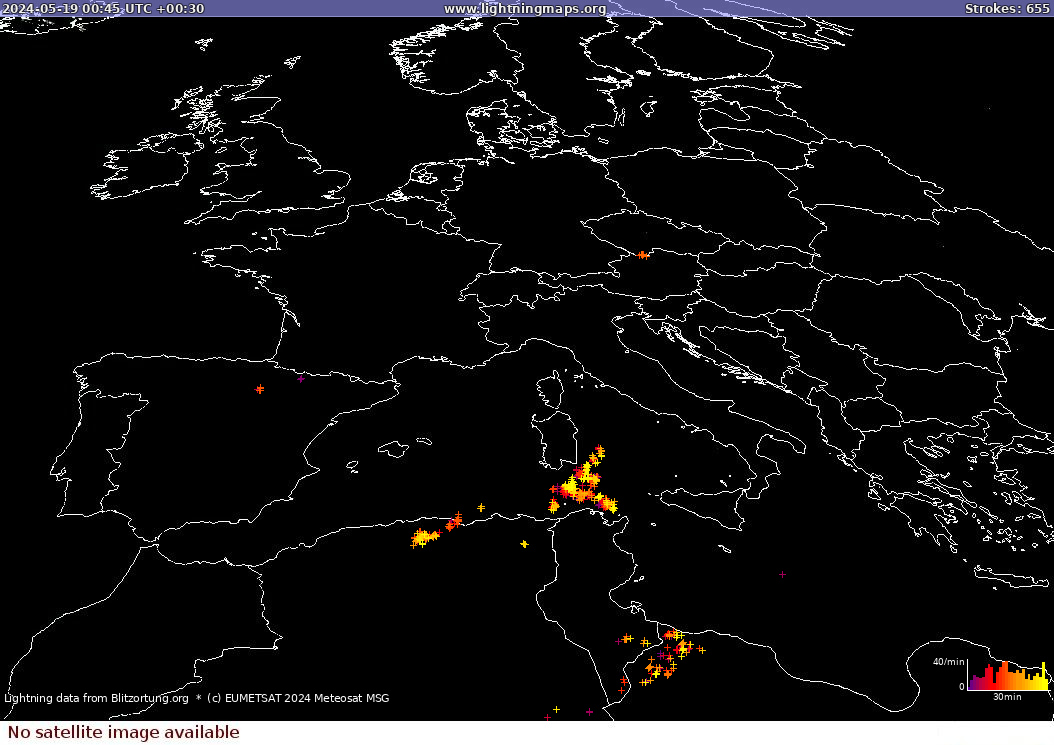 Mappa dei fulmini Sat: Europe Clouds + Rain 19.05.2024 (Animazione)