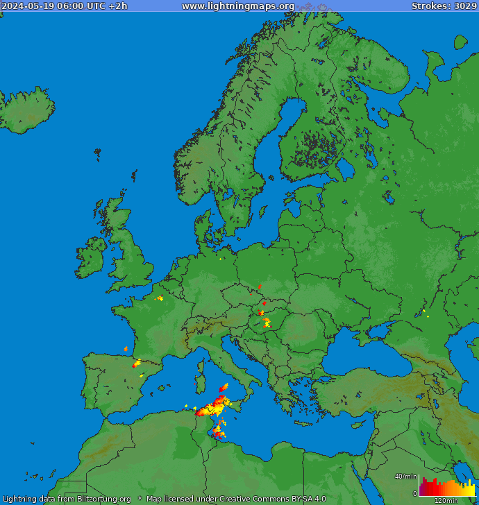 Mapa bleskov Európa 19.05.2024 (Animácia)