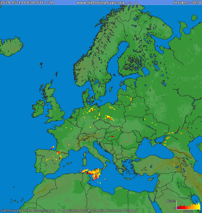Mapa blesků Evropa 19.05.2024 (Animace)