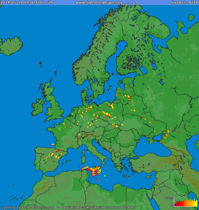 Mappa dei fulmini Europa 19.05.2024 (Animazione)