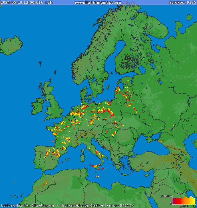 Mapa blesků Evropa 19.05.2024 (Animace)