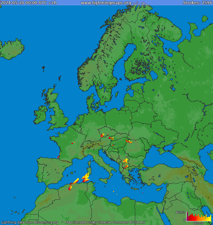 Mapa wyładowań Europa 2024-05-20 (Animacja)
