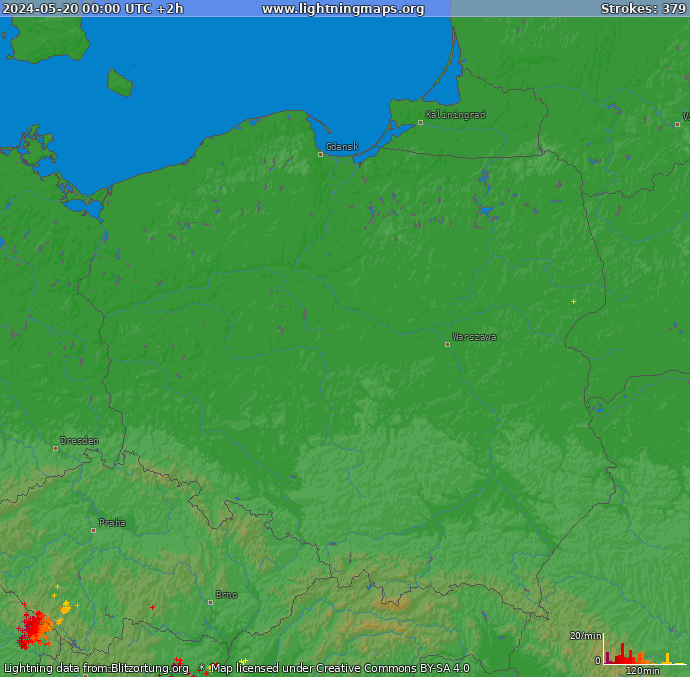 Mapa blesků Polsko 20.05.2024 (Animace)