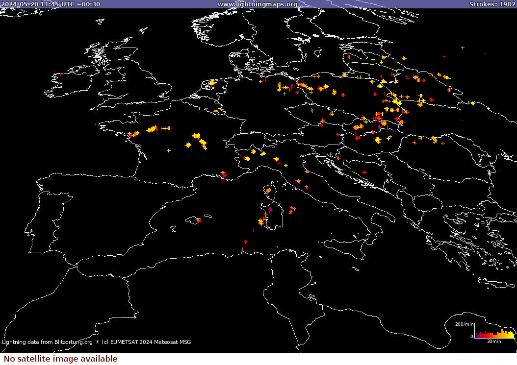 Lightning map Sat: Europe Clouds + Rain 2024-05-20 (Animation)