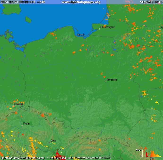 Mapa bleskov Poľsko 21.05.2024
